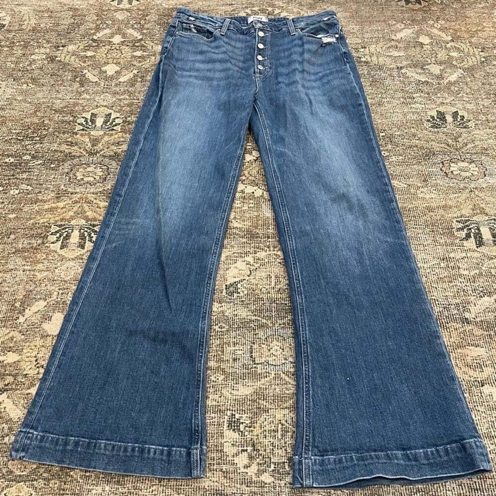 PAIGE Leenah Button Fly Flare Jeans Womens 32 High Rise Wide Leg Distressed